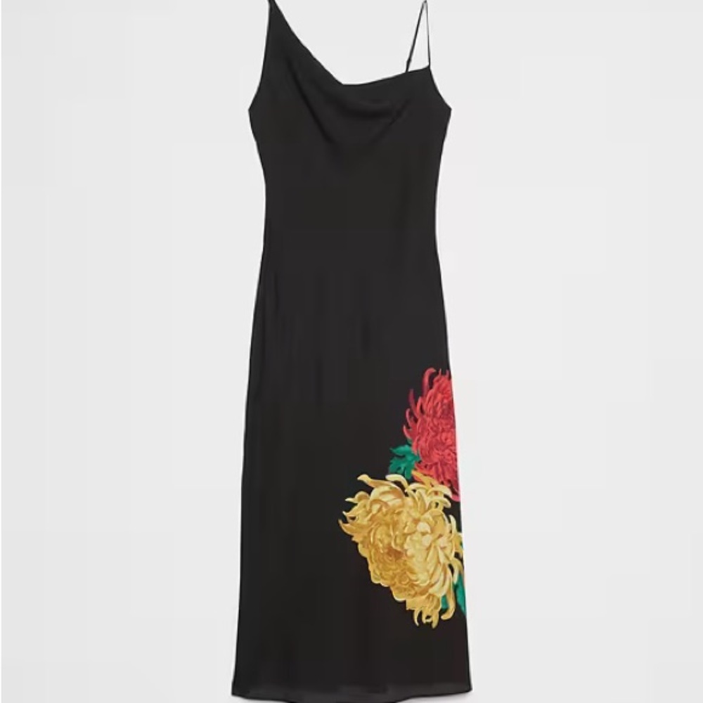 Banana Republic Factory Black Dress with Red and Yellow Floral Design